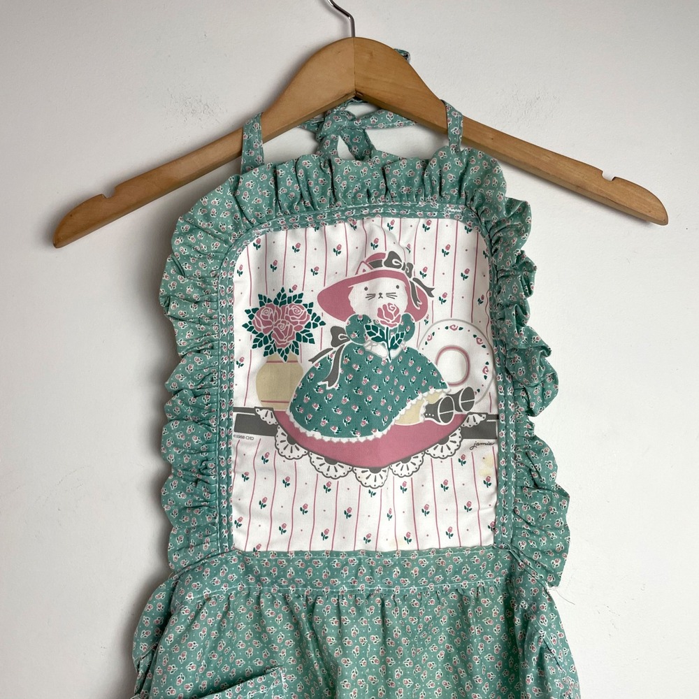 Vintage Cat Cottagecore Floral Ruffle Apron Teal Green Calico 80s Grandmacore - Picture 2 of 9